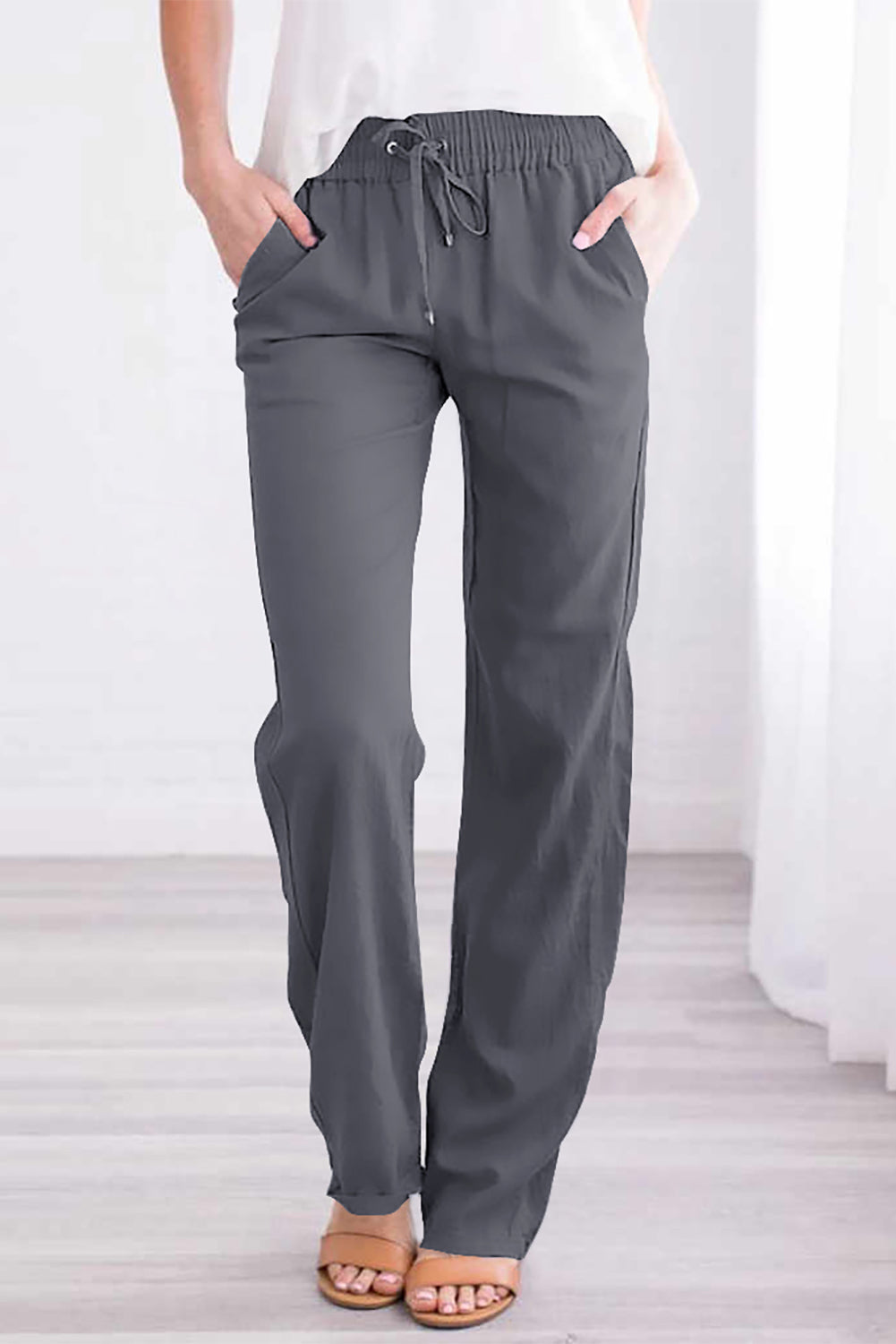 Pantalon avec cordon de serrage et poches élastiques à la taille, longues jambes droites gris