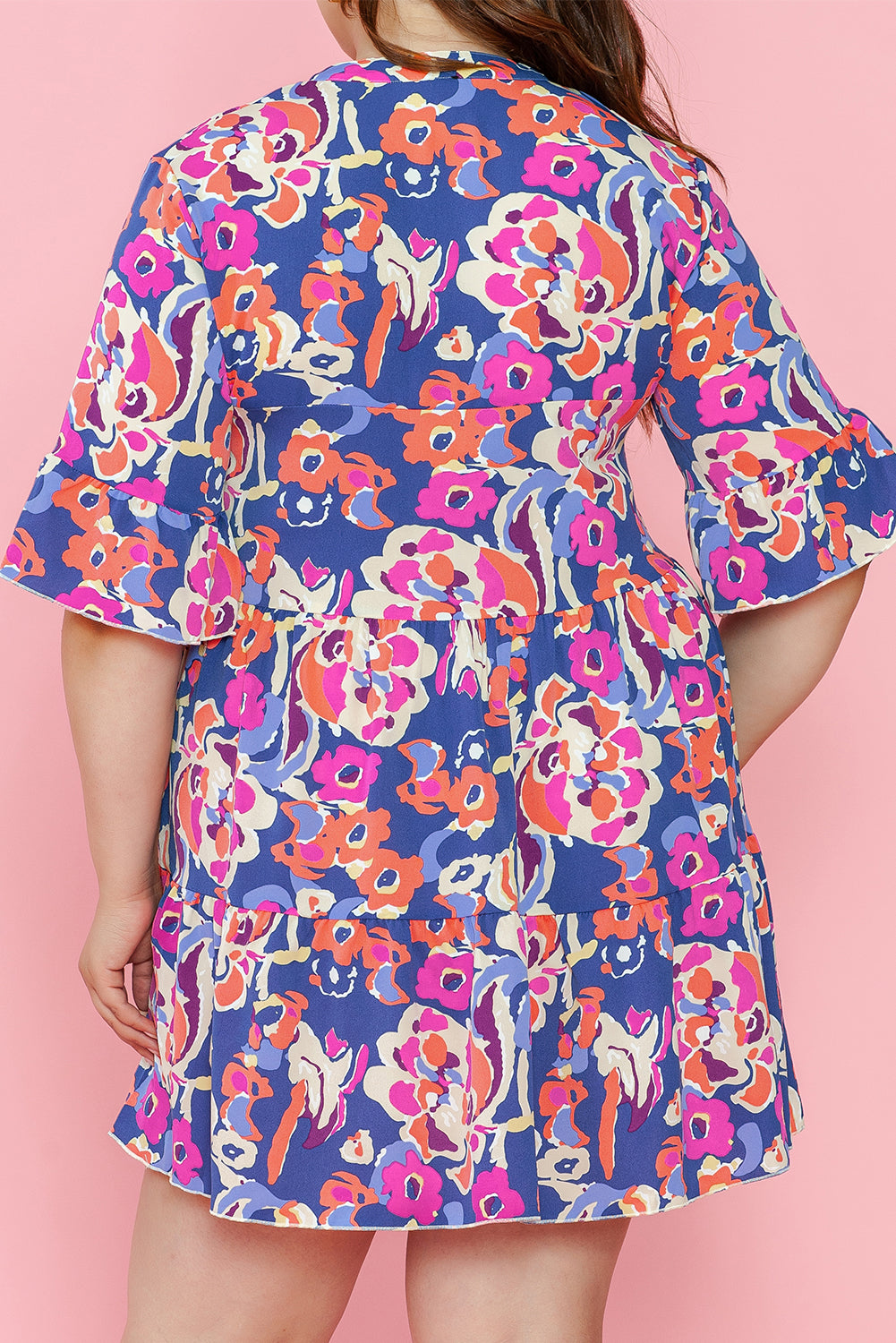 Blue mini-ruffle with ruffle and 3/4 sleeves with large floral print