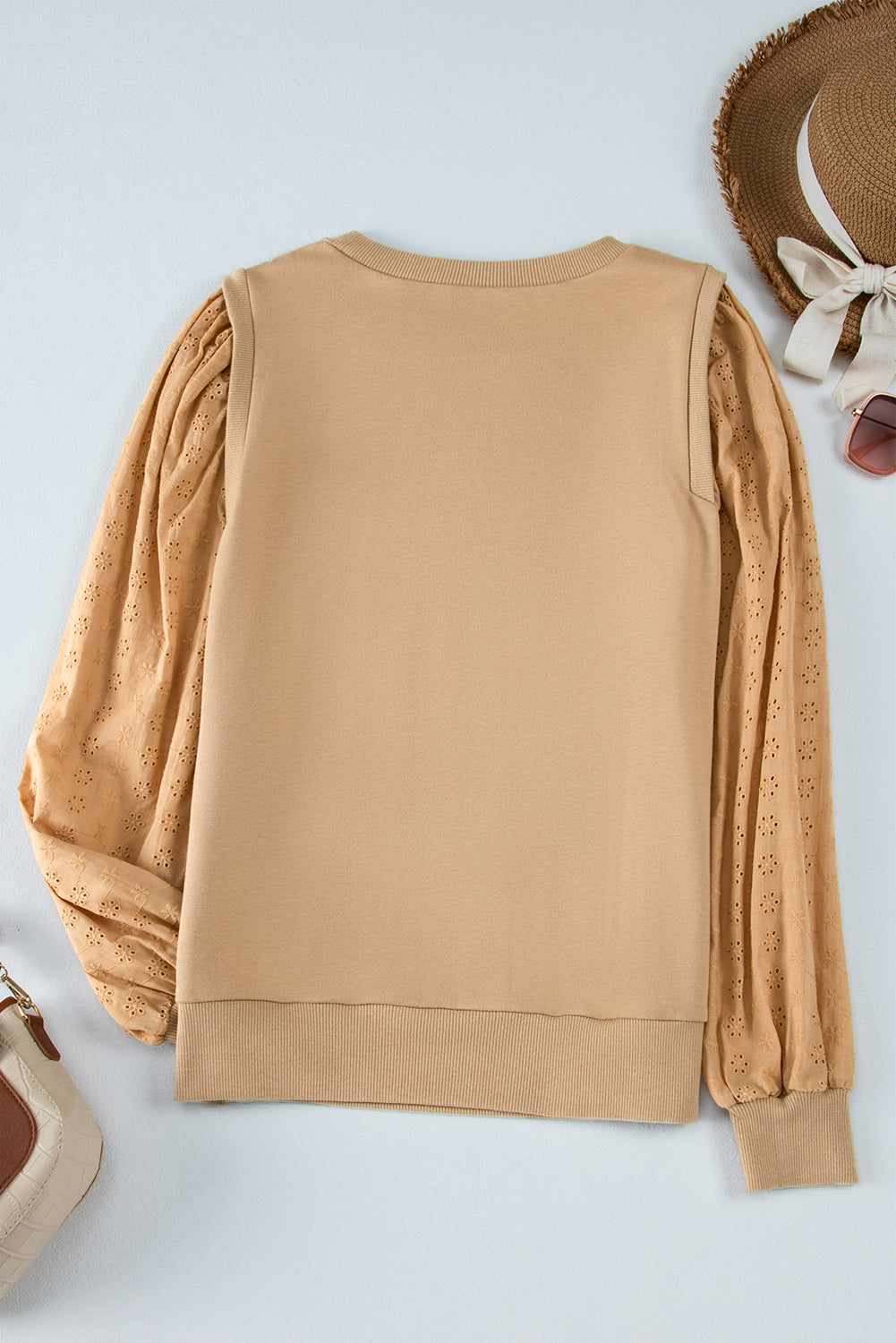 Pale Khaki Solid Patchwork Sleeve Round Neck Felpa