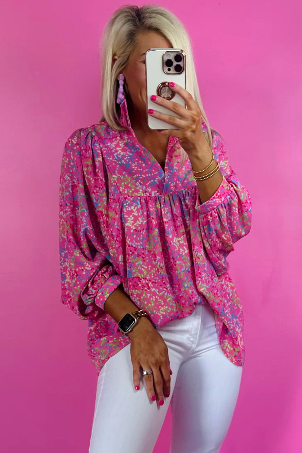 Bonbon Stampa astratta con colletto a V Colled Vier Blouse