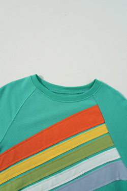 Mint Green Rainbow Color Block Striped Sweatshirt