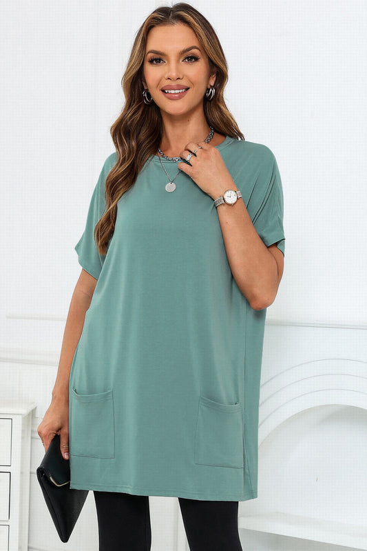 Light Green Side Pockets Short Sleeve Tunic Top