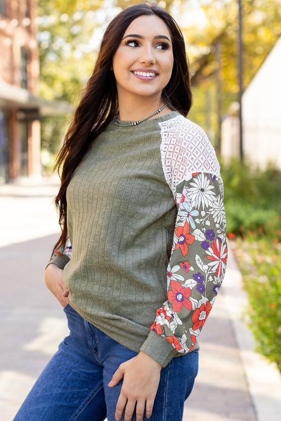 Blouse côtelée à manches longues et patchwork floral Laurel Green