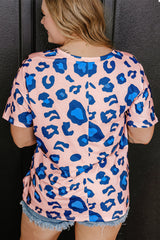 Camiseta de estampado de leopardo rosa de gran tamaño con collar de cuello en V