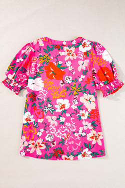 Puffy sleeve blouse and a split V -neck with pink floral print