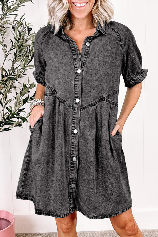 Robe en jean boutonnée à manches courtes et à volants délavé minéral gris moyen