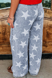 Light blue jeans with stars print and light washing with tightening cord and high waist