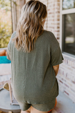 Plus Size Moss Green Ribbed Knit Top and Shorts Set