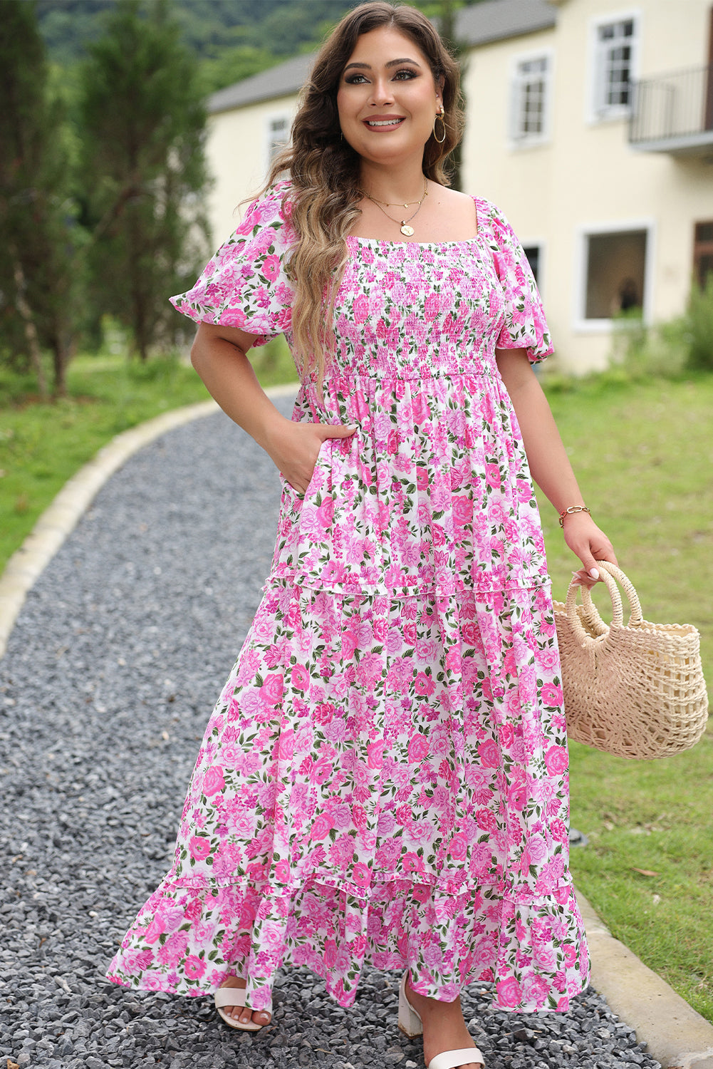 Robe Rose Smockée à Manches Bouffantes et Imprimé Floral de Grande Taille