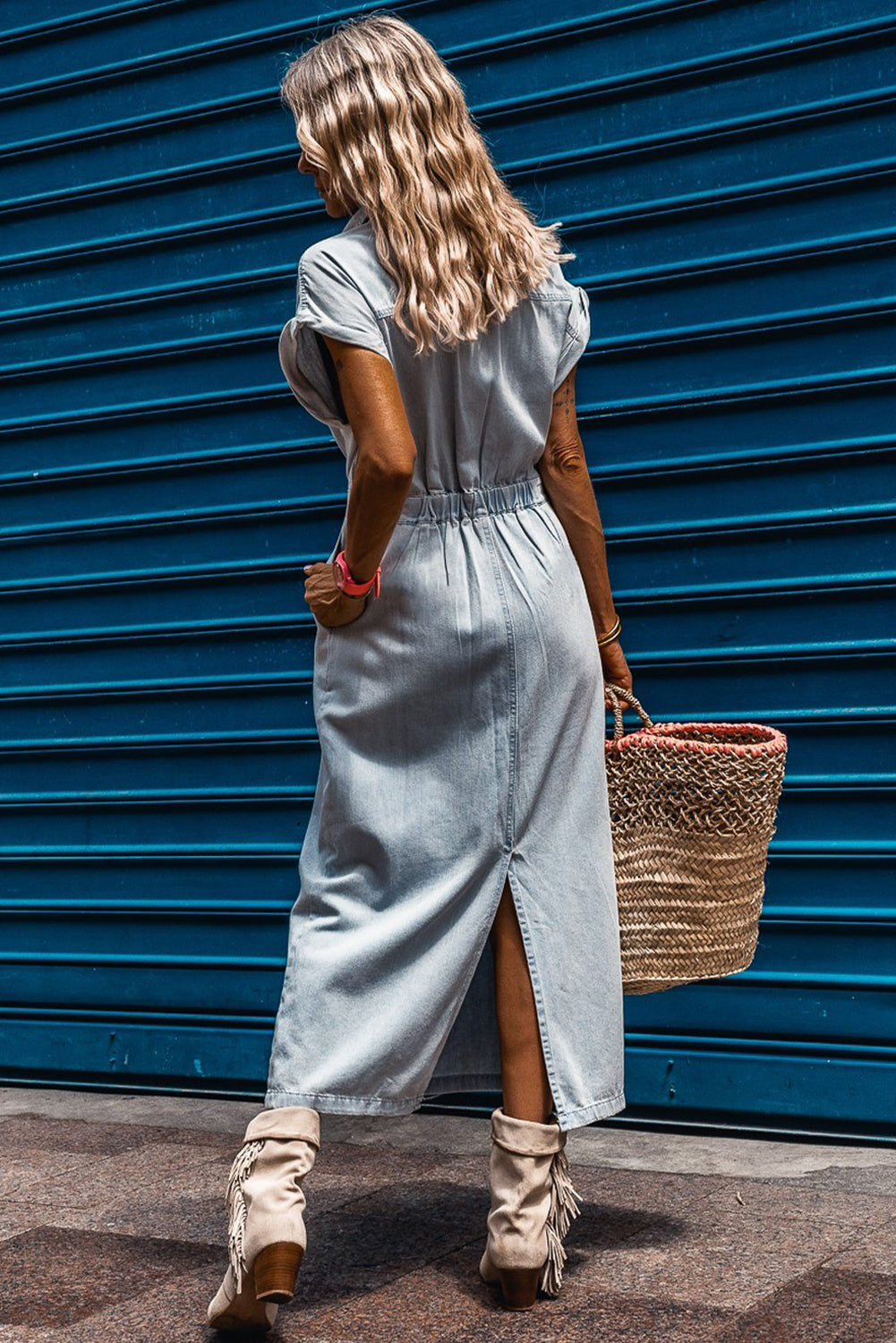 Robe en jean courte à manches chauve-souris Beau Blue