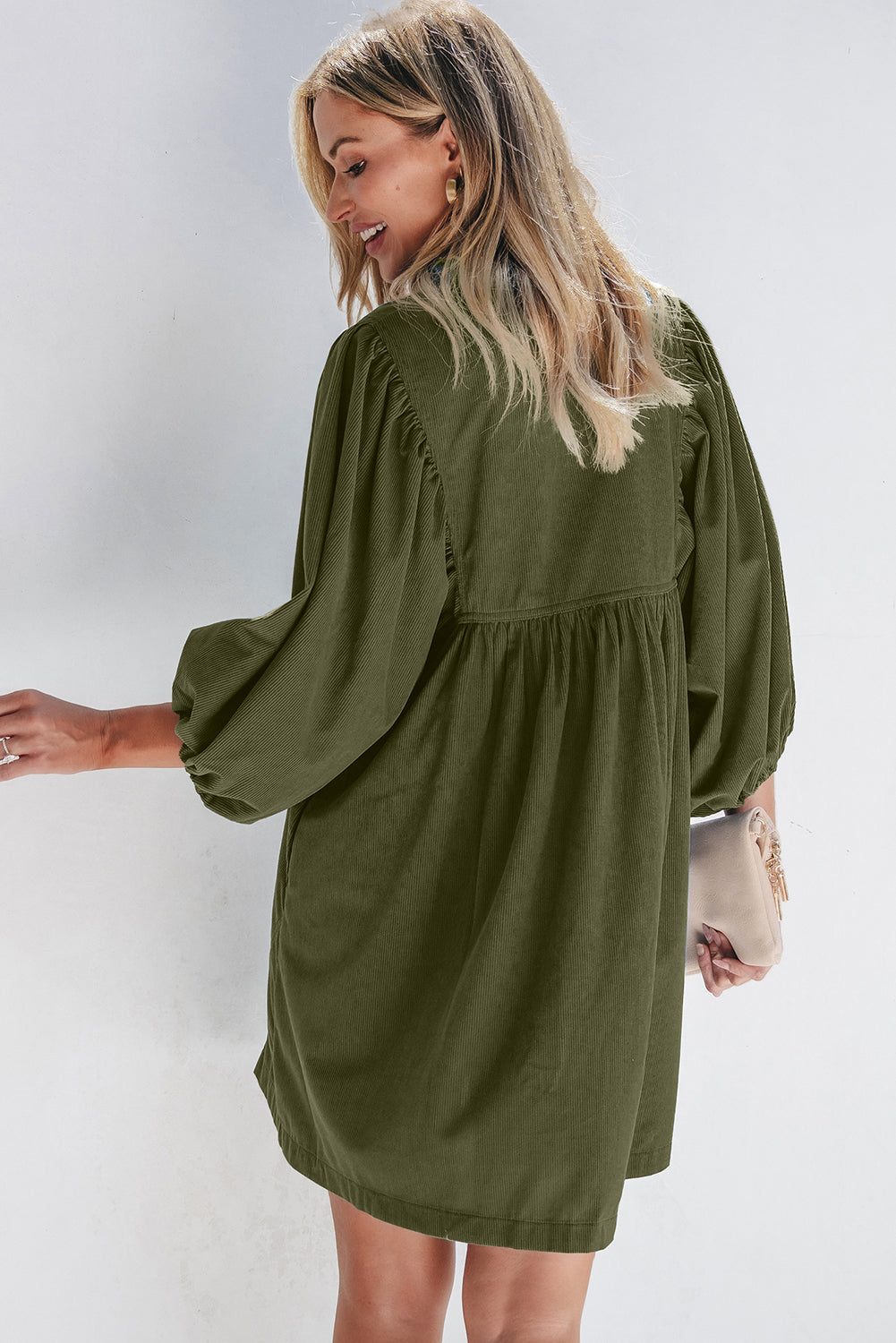 Vineyard Green Corduroy Snap Buttons Empire Waist Bracelet Sleeve Dress