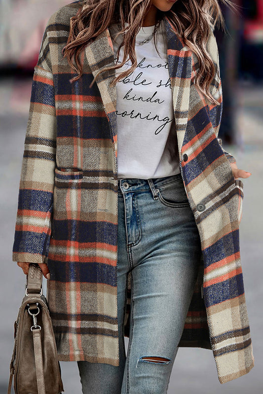 Khaki Plaid Buttoned Lapel Jacket