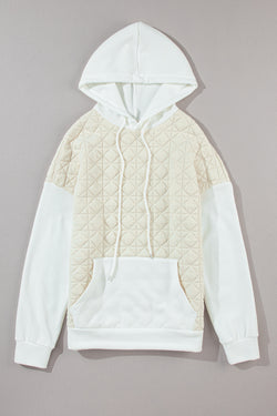 Beige hoodie with kangaroo pocket and quilted patchwork with dropped shoulders