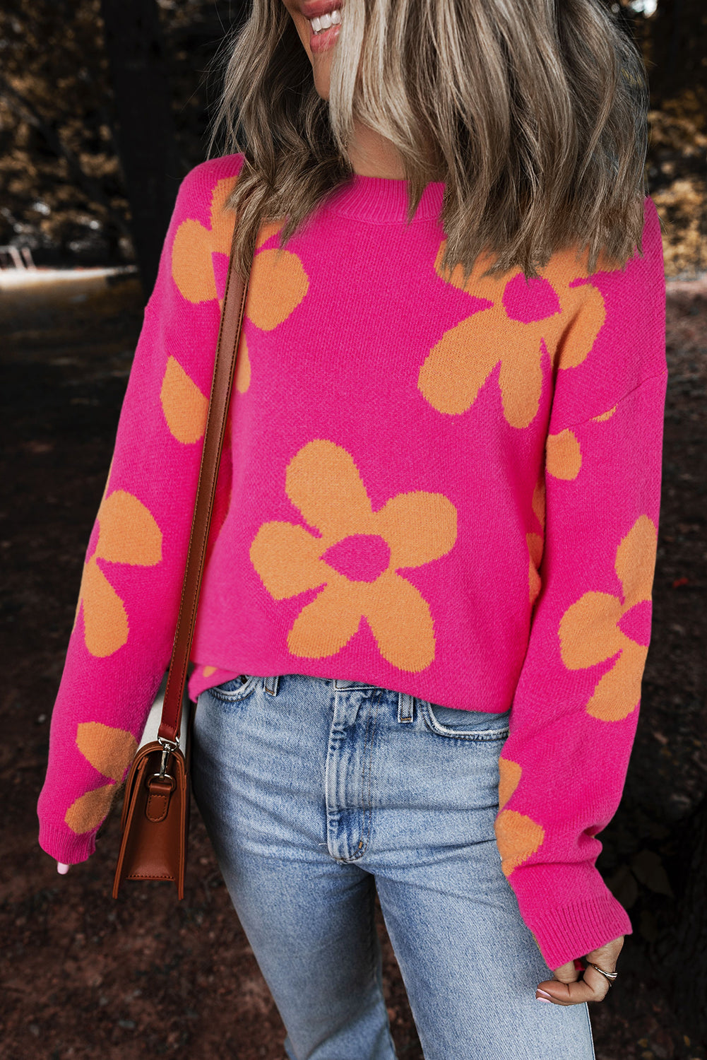 Long sleeve, high neck sweater with large pink flower pattern