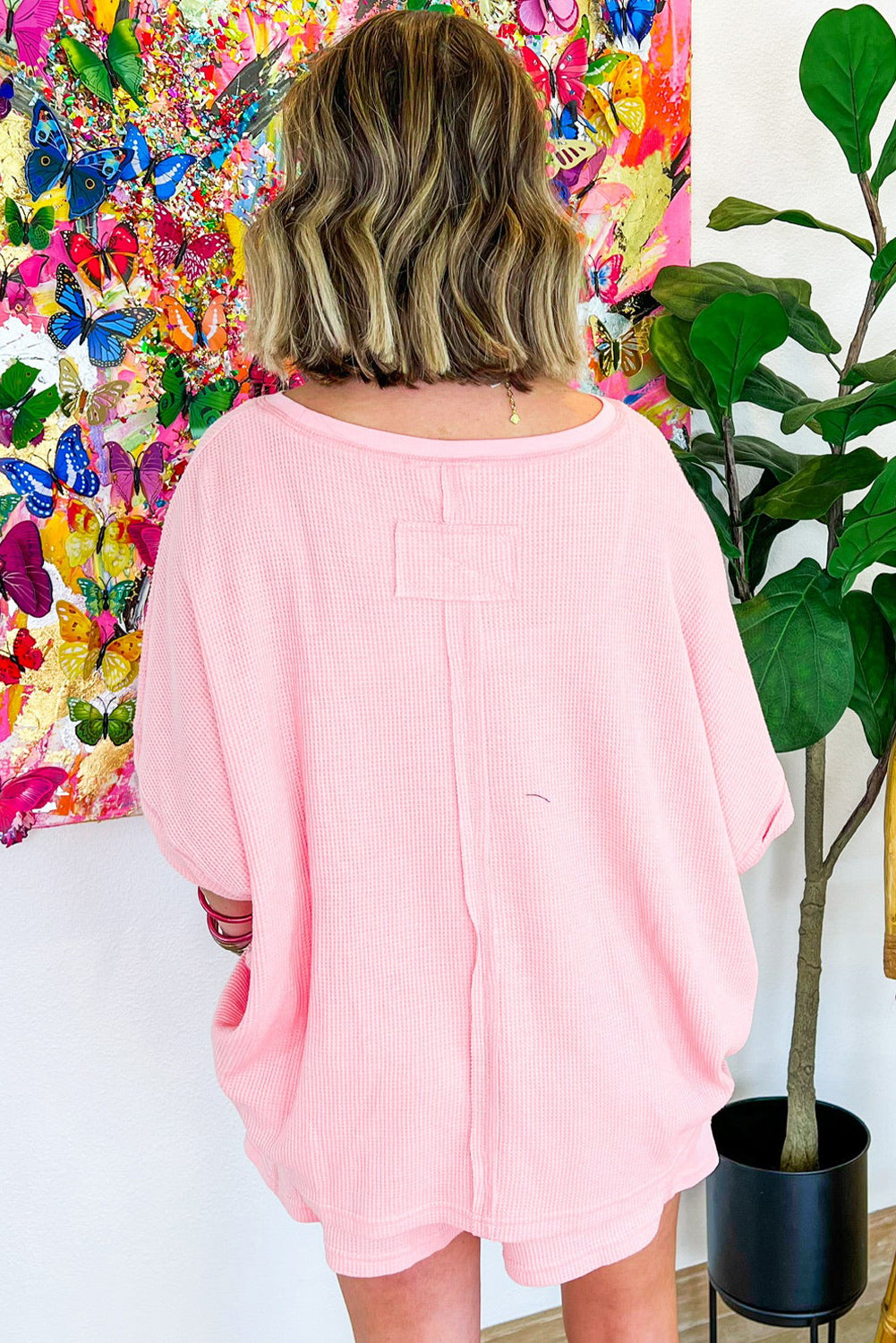 Ensemble t-shirt et short oversize en tricot gaufré rose clair