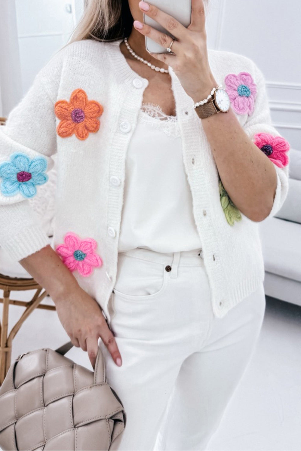 Cardigan boutonné blanc à motif floral *-A WOMAN WE LOVE
