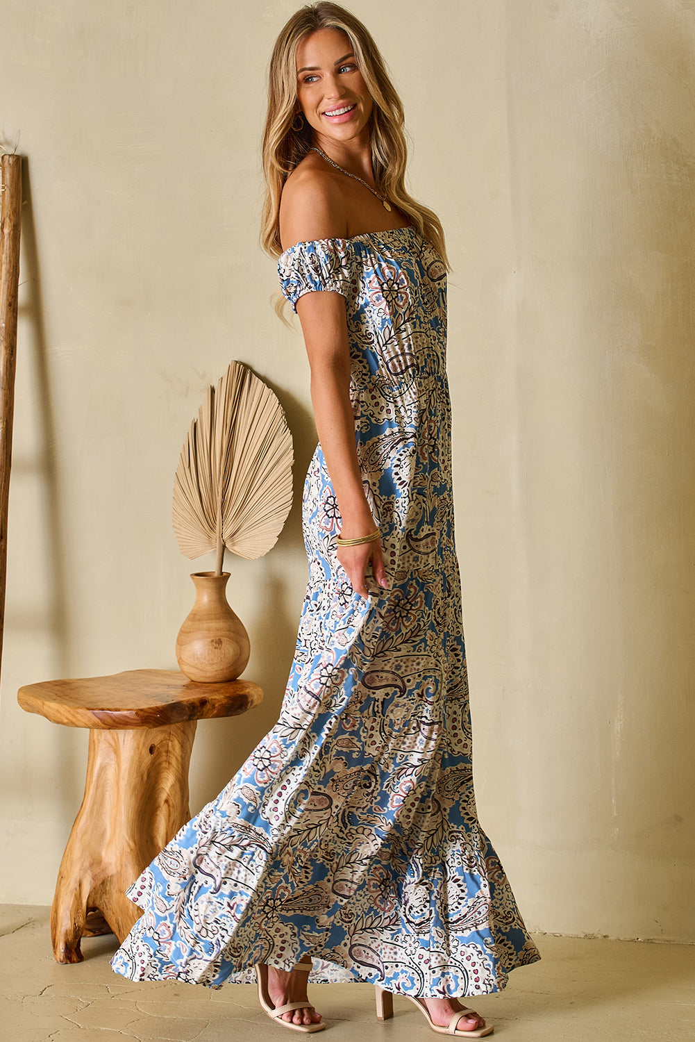 Blue Off Shoulder Paisley Print Bohemian Maxi Dress