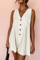 Beige Sleeveless V-Neck Romper with Buttoned Front Chest Pocket