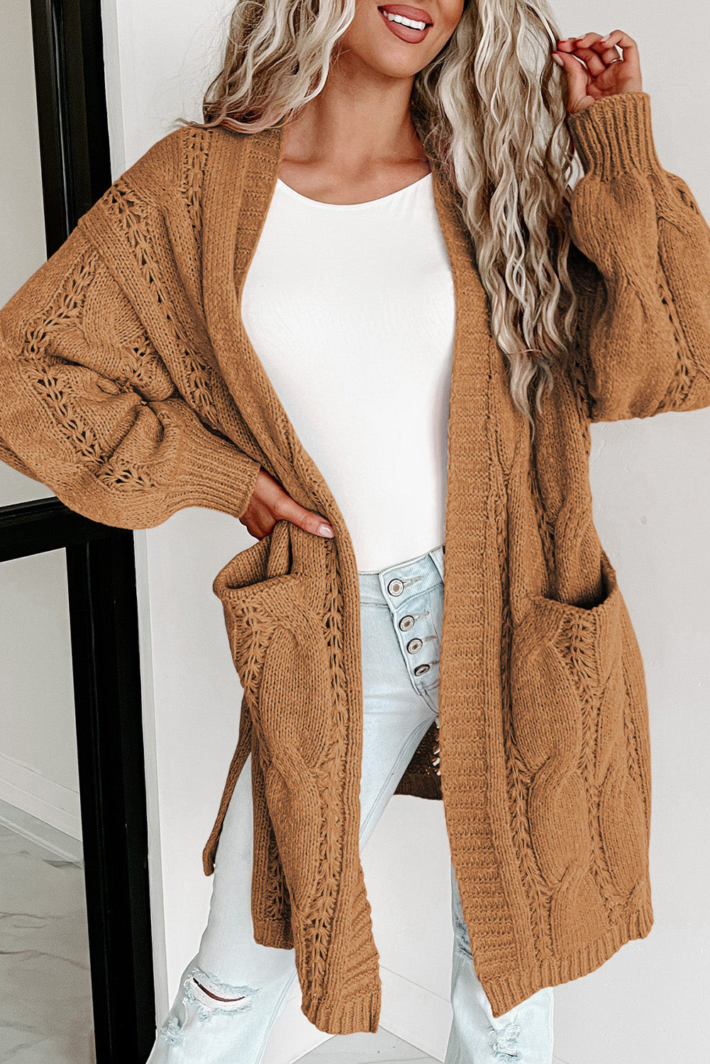 Cardigan kaki en maille torsadée à œillets et bordures côtelées-A WOMAN WE LOVE