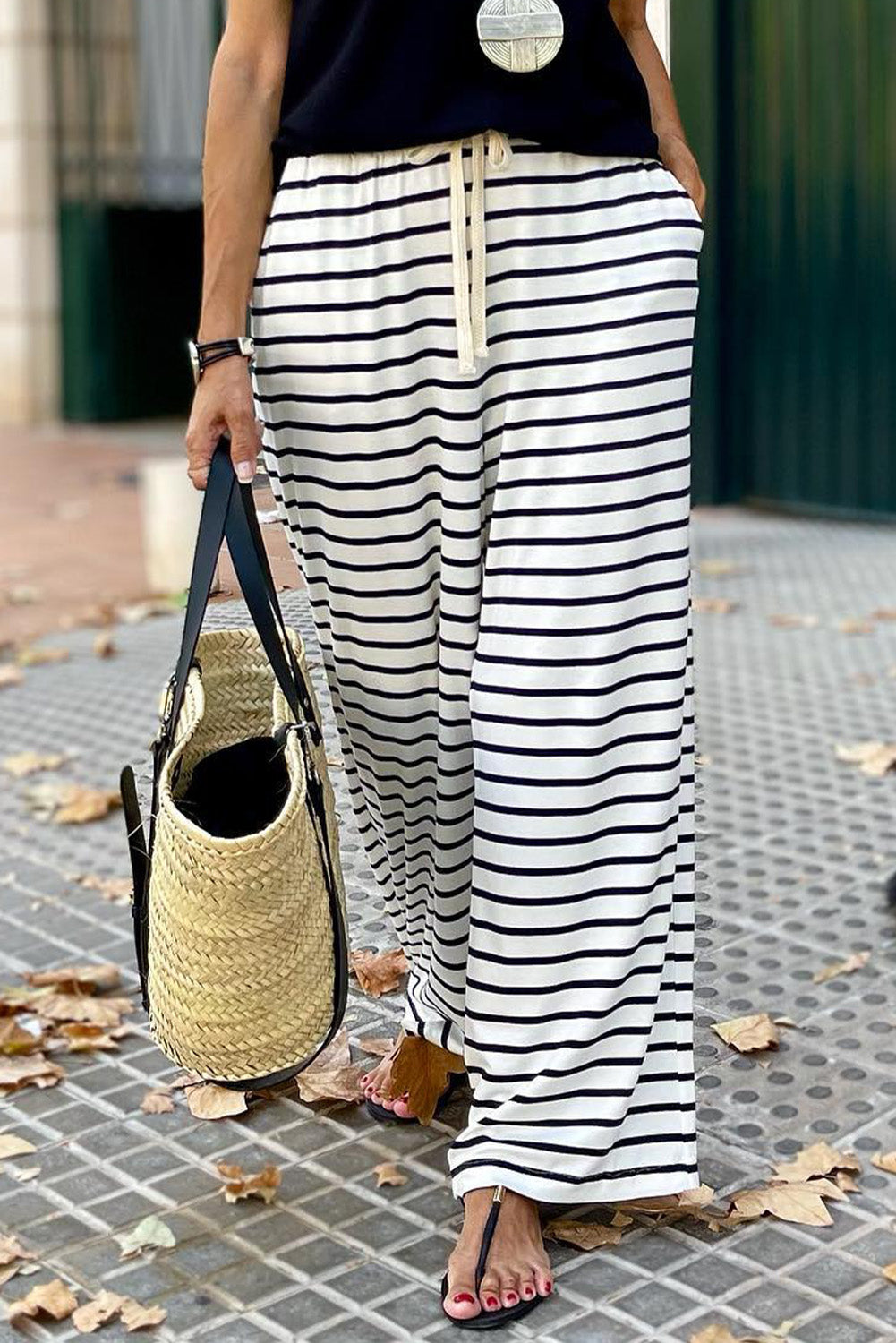 White striped wide leg pants with drawstring