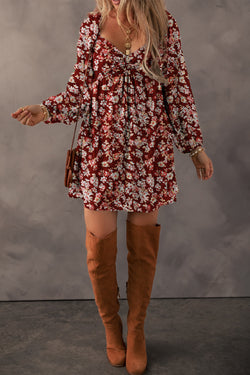 Red mini-Robe with floral print and heart collar *