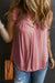 Pink button-up tank top with split neck and ruffle trim