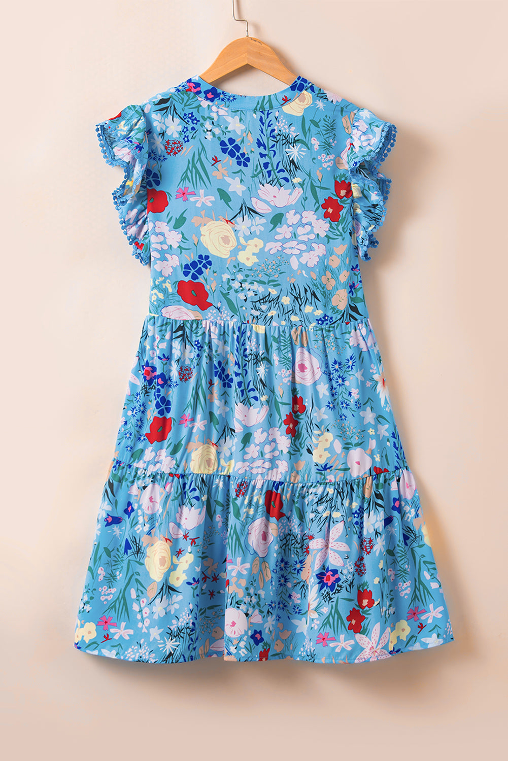 Sky blue ruffled dress with flutter sleeves and V-neck