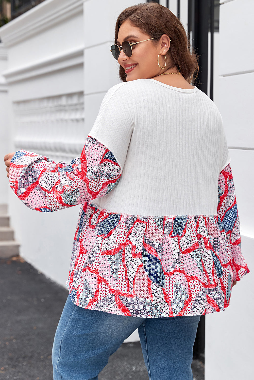 Plus Size Apricot Patchwork Print Textured Button Down Blouse