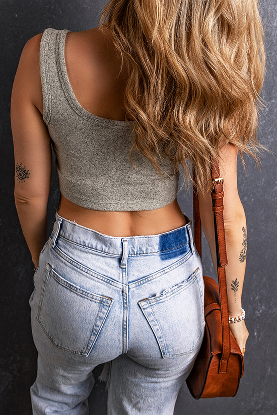 Light Grey Knitted Stretch Sleeveless U-Neck Crop Top