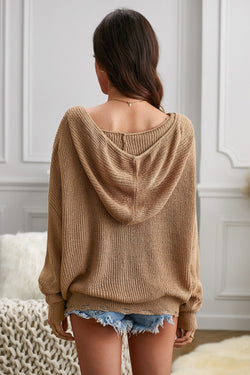 Khaki zipped V-neck sweater with hood and dropped sleeves