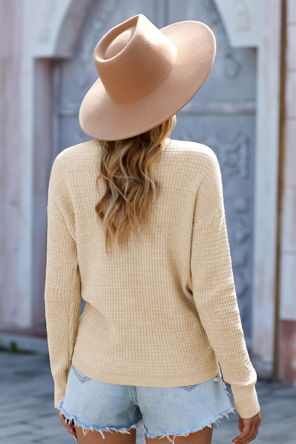 Apricot V-neck waffle sweater