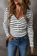 White Striped Button Down V-Neck Long Sleeve T-Shirt