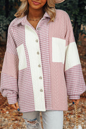 Pink Houndstooth Color Contrast Textured Patchwork Loose Jacket