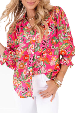 Floor sleeve shirt and smocked cuffs with pink floral print print