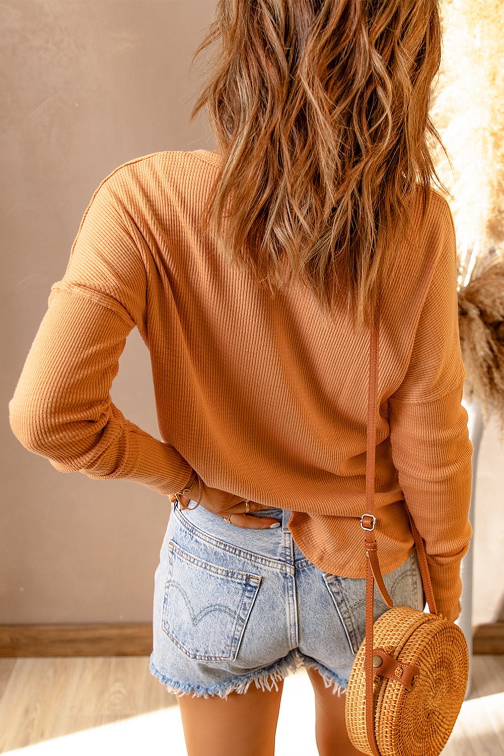 Orange Waffle Knit Henley Top