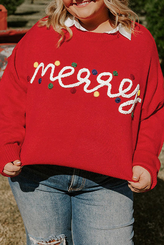 Bright Red Christmas Sweater with Merry Christmas Pattern, Plus Size