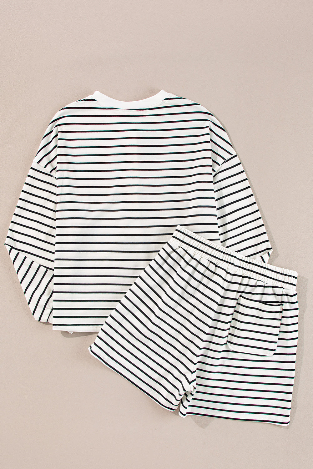 Black and white striped printed half button long sleeve top and shorts set