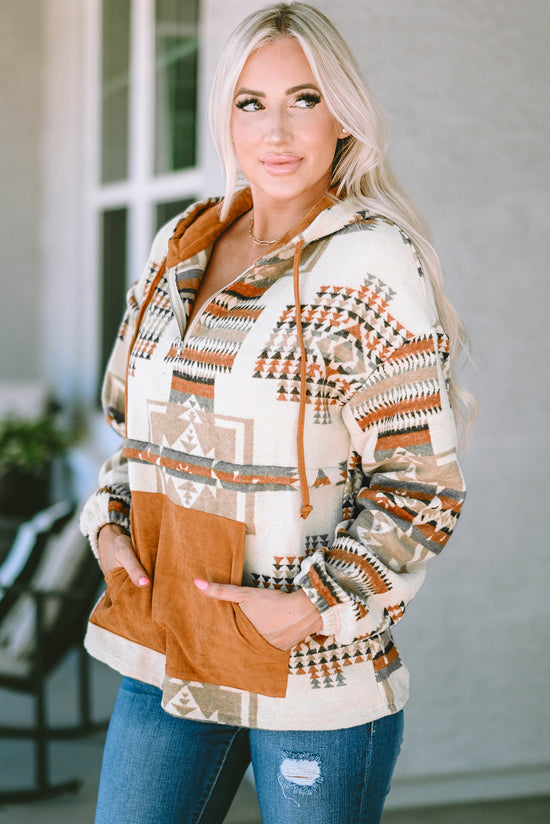 Beige Aztec Print Half-Zip Hoodie with Kangaroo Pocket