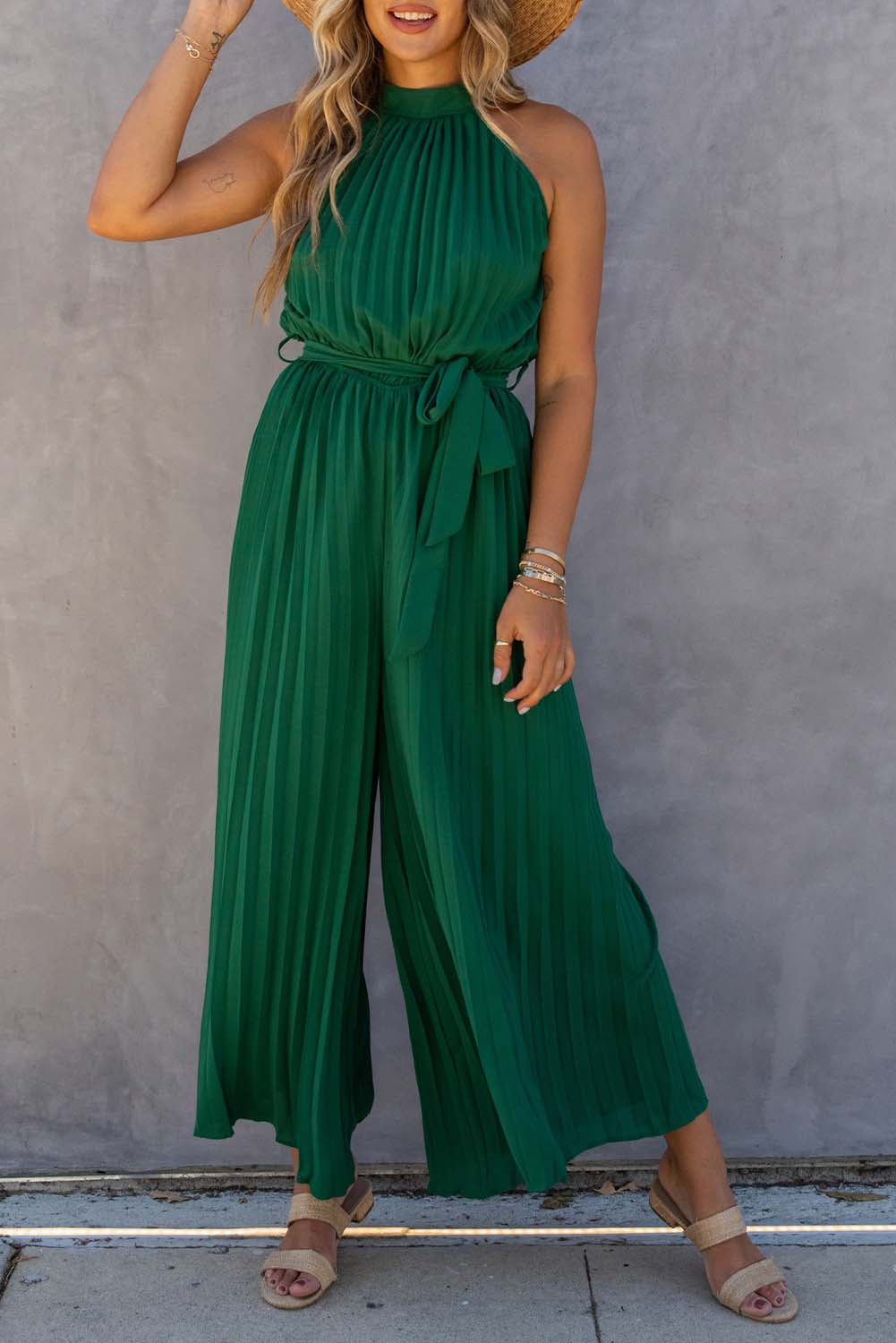 Green Pleated Halter Neck Wide Leg Jumpsuit with Belt