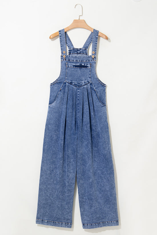 Light Blue Wide Leg Denim Overalls with Buttoned Straps