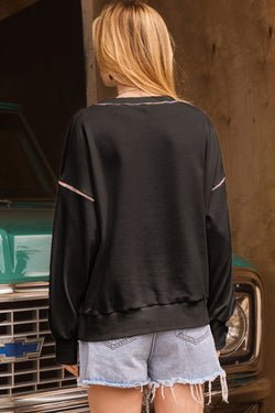 Black Drop Shoulder Sweatshirt with Contrast Rainbow Trim