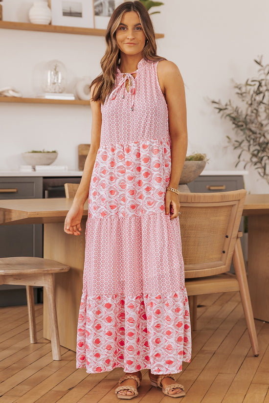 Long dress without sleeve with split and abstract pink print