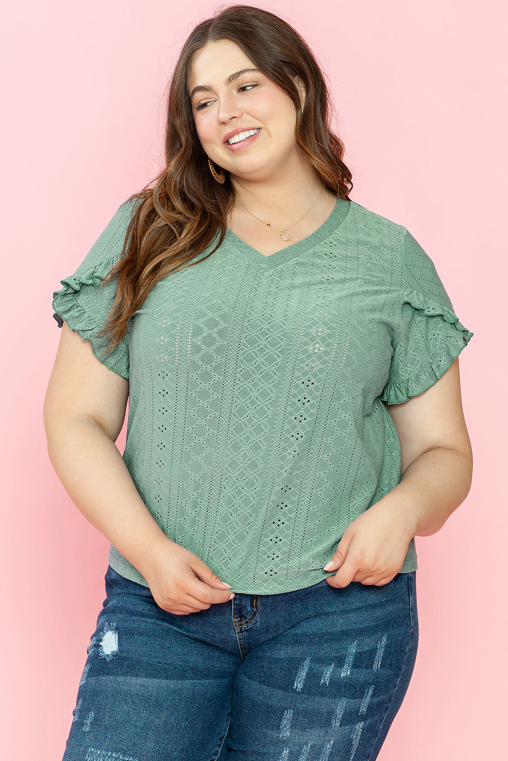 Laurel Green Petal manga Jacquard v Neck Curvy Blusa