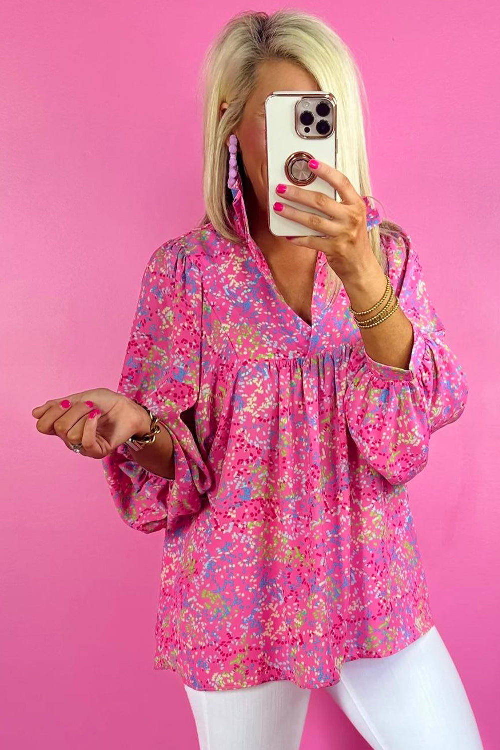 Blouse babydoll à col en V et imprimé *-A WOMAN WE LOVE