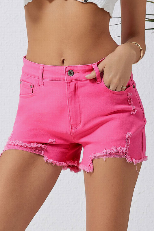 Rose - Short en jean taille haute coupe slim effet vieilli