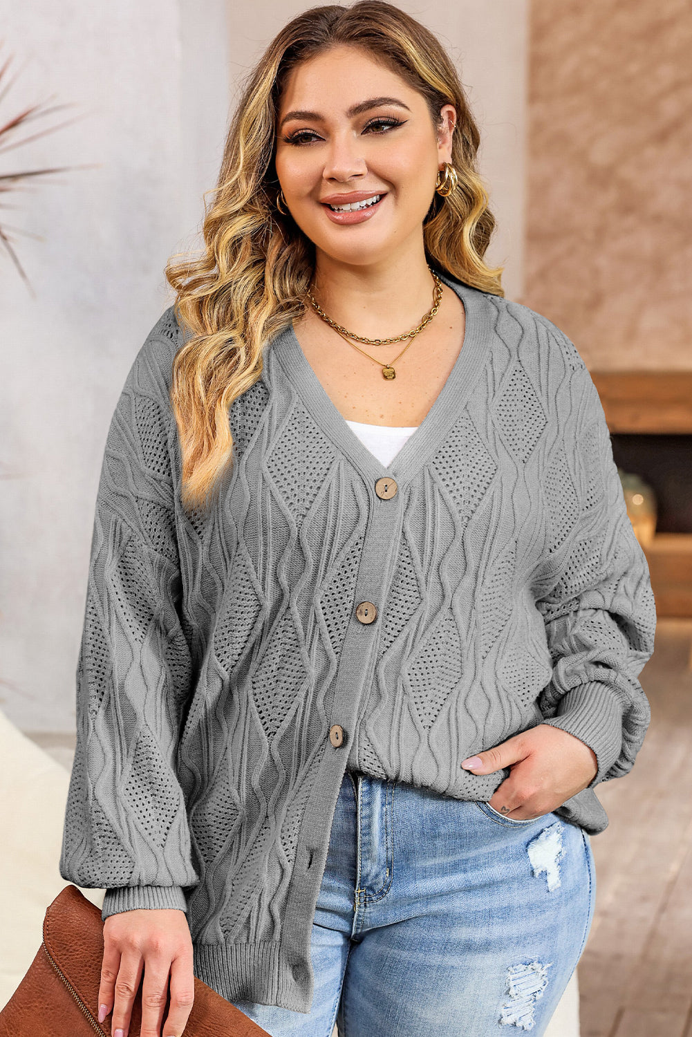 Cardigan boutonné ajouré en tricot gris de grande taille