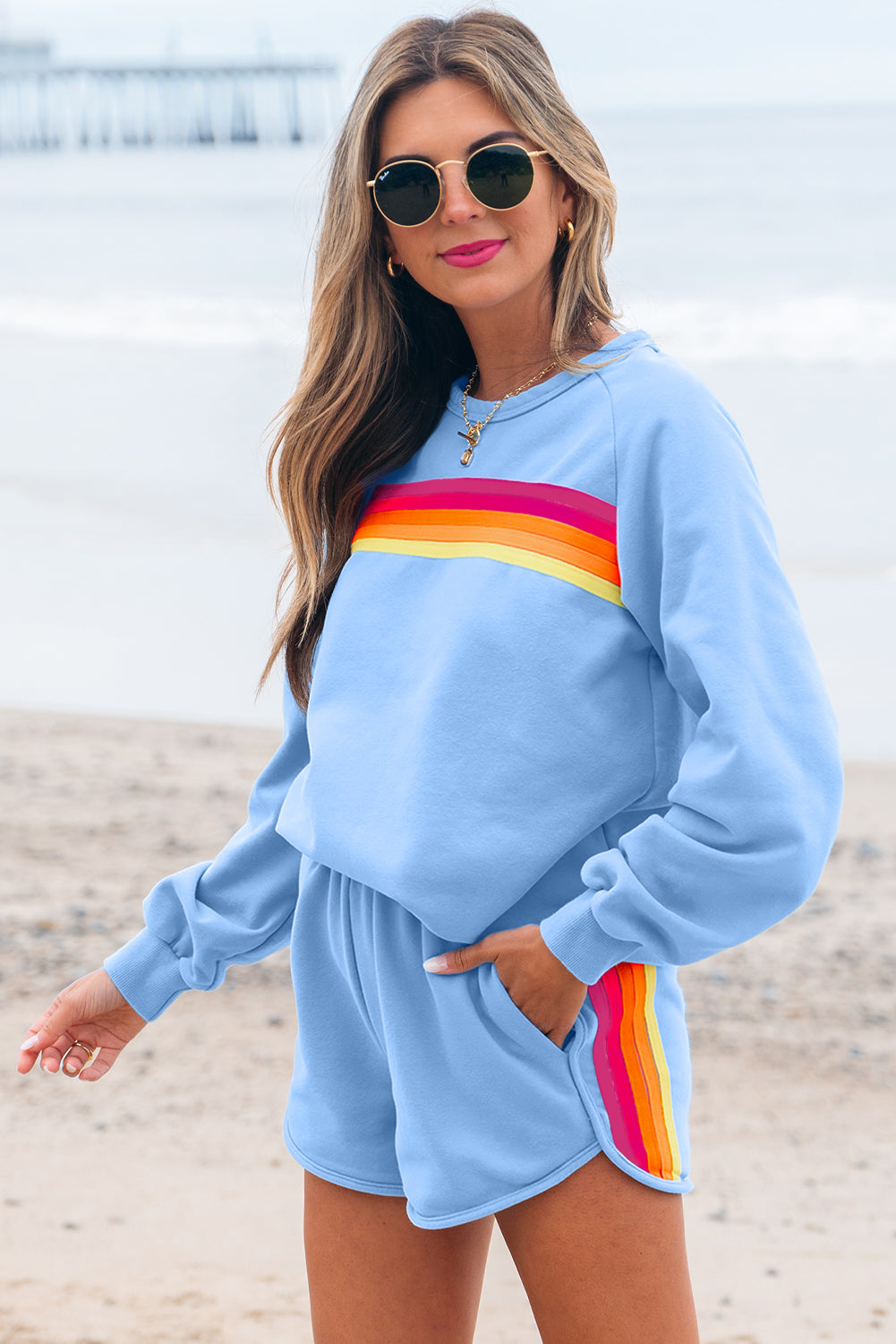 Ensemble décontracté deux pièces pull et short à rayures bleu Beau
