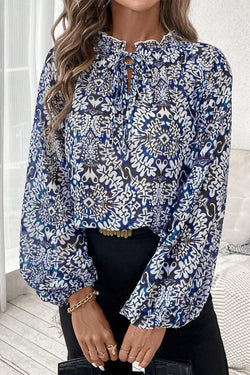 Tribal lace -up and ruffle print blouse *