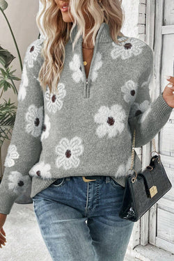 Pull gris à motif floral avec demi-zip *