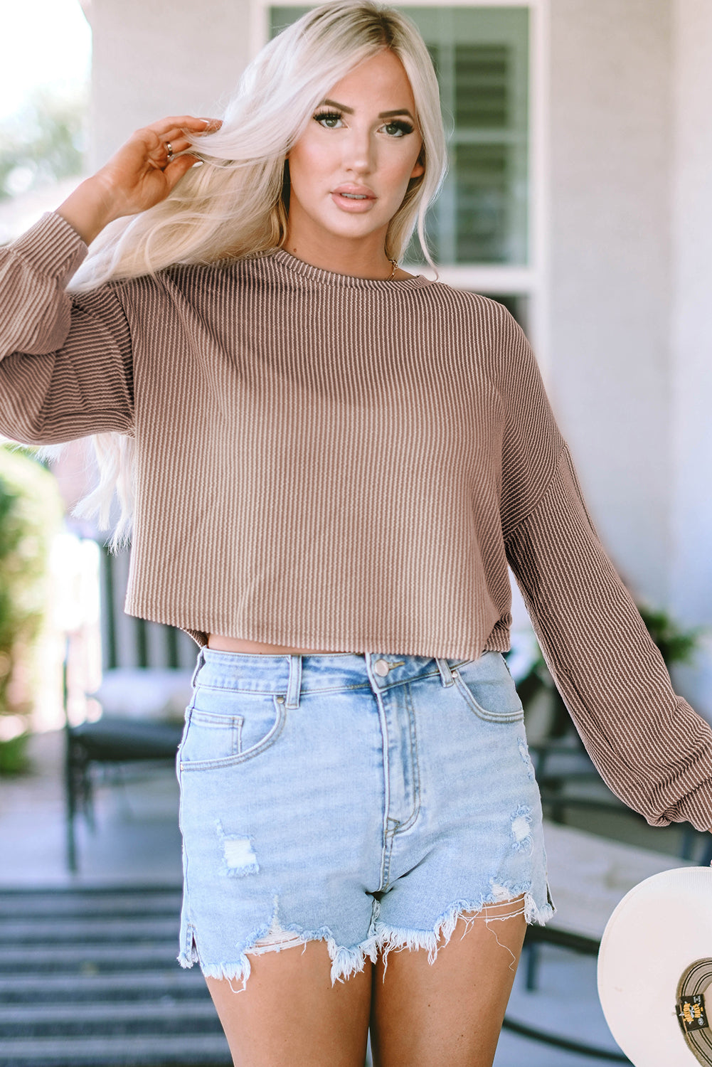 Khaki Long Sleeve Drop Shoulder Casual Top